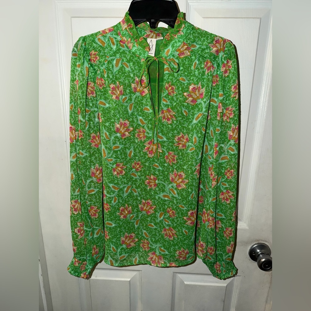 Joie Green Floral Blouse with Pink Accents Size XS